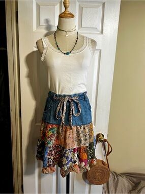 New Young Threads India Wms Blue Colorful Patchwork Ruffle Belted Mini Skirt L